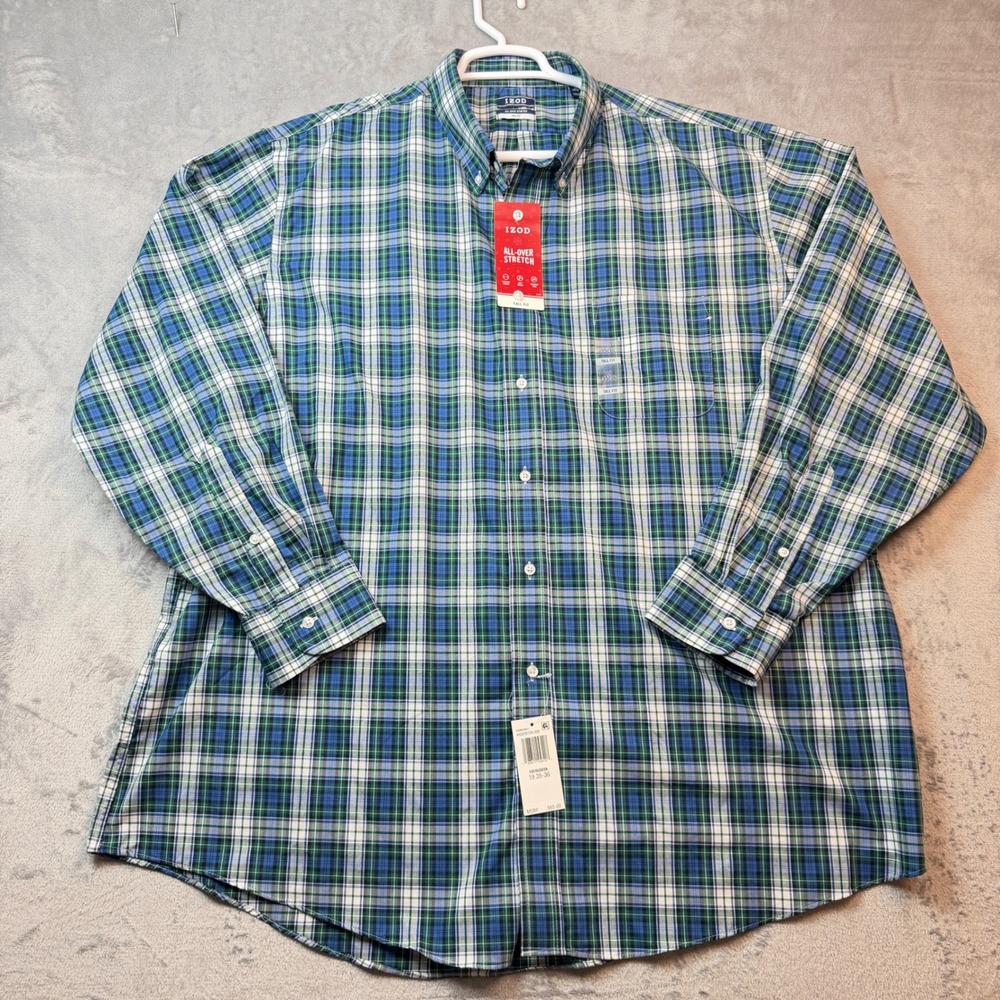 IZOD Shirt Mens 19 35/36 Green Blue Plaid All-Over Stretch Tall Fit Button Down